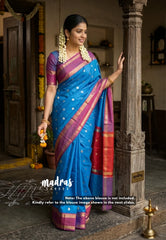 Royal Anandha Blue - Kanimozhi - Soft Silk Saree Vintage Color Combo and Rettapetta Border with Buttas - Best for Wedding Wear