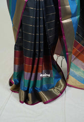 Black with Rainbow - Kanimozhi - Premium Soft Silk Horizontal Striples with Rainbow Border - Best for Festive Wear