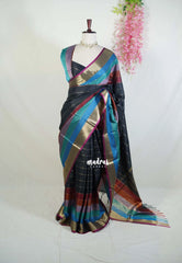 Black with Rainbow - Kanimozhi - Premium Soft Silk Horizontal Striples with Rainbow Border - Best for Festive Wear