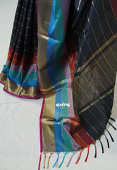 Black with Rainbow - Kanimozhi - Premium Soft Silk Horizontal Striples with Rainbow Border - Best for Festive Wear