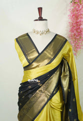 Jet Black with Yellow - Kanimozhi - Soft Silk Saree Partly Pallu Saree with Buttas - Best for Wedding Functions