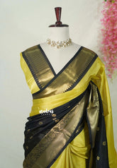 Jet Black with Yellow - Kanimozhi - Soft Silk Saree Partly Pallu Saree with Buttas - Best for Wedding Functions