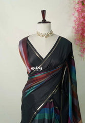 Midnight Rainbow - Kanimozhi - Premium Soft Silk Horizontal Striples with Rettapet Border - Best for Wedding Functions