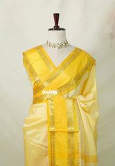 Creamy Yellow - Kanimozhi - Premium Soft Silk Checked with Rudraksham, Mango Border - Best for Wedding Functions