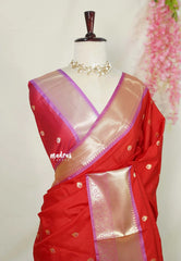 Spicy Red with Lilac - Kanimozhi - Soft Silk Saree with Bavanji Border and Buttas - Best for Wedding Wear