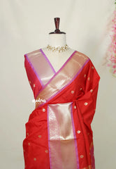 Spicy Red with Lilac - Kanimozhi - Soft Silk Saree with Bavanji Border and Buttas - Best for Wedding Wear