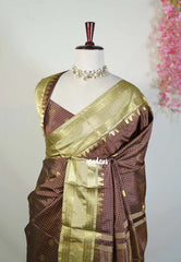 Chocolate Brown - Kanimozhi - Soft Silk Zari Checks with Buttas and Rettapet Border - Best for Pooja Functions