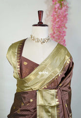 Chocolate Brown - Kanimozhi - Soft Silk Zari Checks with Buttas and Rettapet Border - Best for Pooja Functions