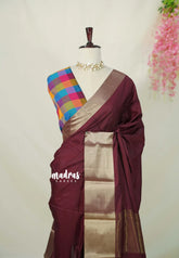 Majestic Maroon - Kanimozhi - Semi Soft Silk Saree with Madras Checks Cotton Blouse Double Blouse Combo - Perfect for Small Functions