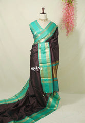 Wine Brown with Aqua - Kanimozhi - Soft Silk Muthu Kattam with Mango Border - Best for Wedding Wear