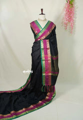 Ebony Black - Kanimozhi - Soft Silk Saree Plain with Rettapet Border - Best for Small Functions