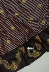 Peach Cocoa Checks - Kanimozhi - Soft Silk Checks with Golden Poo Kodi Border - Best for Wedding Wear