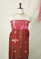 Rust Brown with Pink - Kanimozhi - Soft Silk Zari Checks with Floral Border - Best for Wedding Wear