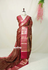 Rust Brown with Pink - Kanimozhi - Soft Silk Zari Checks with Floral Border - Best for Wedding Wear