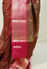 Rust Brown with Pink - Kanimozhi - Soft Silk Zari Checks with Floral Border - Best for Wedding Wear