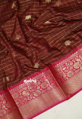 Rust Brown with Pink - Kanimozhi - Soft Silk Zari Checks with Floral Border - Best for Wedding Wear
