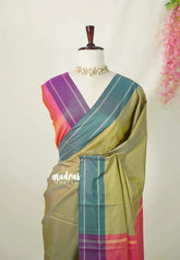 Dual Shade Dry Elachi Green - Kanimozhi - Premium Soft Silk with Rettapet Border - Best for Casual Wear