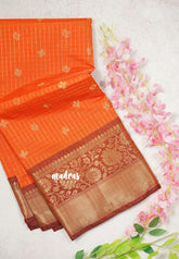 Sunset Orange - Kanimozhi - Soft Silk Muthu Kattam with Buttas and Floral Border - Best for Wedding Wear