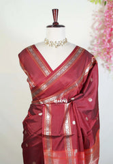 Brick Maroon - Kanimozhi - Soft Silk Saree with Rettapet Border and Buttas - Best for Pooja Funtions | Temple Visit