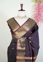 Dual Shade Midnight Brown - Kanimozhi - Soft Silk Saree Traditional Zari Border with Buttas - Best for Small Functions