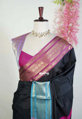 Jet Black - Kanimozhi - Soft Silk Saree with Rudraksham Ganga Jamuna Border - Best for Pooja Funtions | Temple Visit