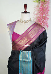 Jet Black - Kanimozhi - Soft Silk Saree with Rudraksham Ganga Jamuna Border - Best for Pooja Funtions | Temple Visit
