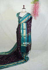 Dual Shade Wine Brown - Kanimozhi - Premium Soft Silk with Mango Border and Buttas - Best for Pooja Functions