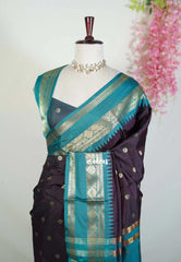 Dual Shade Wine Brown - Kanimozhi - Premium Soft Silk with Mango Border and Buttas - Best for Pooja Functions