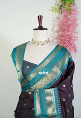 Dual Shade Wine Brown - Kanimozhi - Premium Soft Silk with Mango Border and Buttas - Best for Pooja Functions