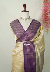 Creamy Sandal Beige - Kanimozhi - Premium Soft Silk Stripes with Buttas and Checks Border - Best for Wedding Functions