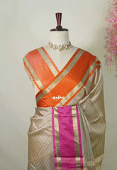 Taupe Beige with Orange&Pink - Kanimozhi - Premium Soft Silk Checks with Ganga Jamuna Border - Best for Wedding Functions