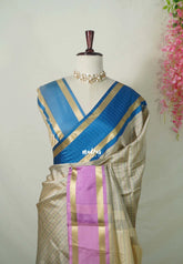 Taupe Beige with Blue&Lilac - Kanimozhi - Premium Soft Silk Checks with Ganga Jamuna Border - Best for Wedding Functions