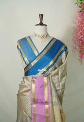 Taupe Beige with Blue&Lilac - Kanimozhi - Premium Soft Silk Checks with Ganga Jamuna Border - Best for Wedding Functions