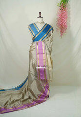 Taupe Beige with Blue&Lilac - Kanimozhi - Premium Soft Silk Checks with Ganga Jamuna Border - Best for Wedding Functions