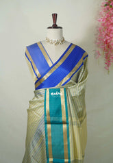 Taupe Beige with Blue&Teal - Kanimozhi - Premium Soft Silk Checks with Ganga Jamuna Border - Best for Wedding Functions