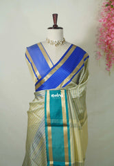 Taupe Beige with Blue&Teal - Kanimozhi - Premium Soft Silk Checks with Ganga Jamuna Border - Best for Wedding Functions