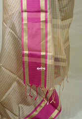 Taupe Beige with Orange&Pink - Kanimozhi - Premium Soft Silk Checks with Ganga Jamuna Border - Best for Wedding Functions