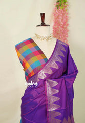 Dual Shade Purple - Kanimozhi - Premium dualshade soft silk with Temple Border with Madras Checks Double Blouse Combo - Best for Small Functions