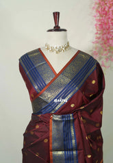 Crimson Maroon - Kanimozhi - Vintage style semi Soft Silk with Floral Border and Buttas - Best for Wedding Functions