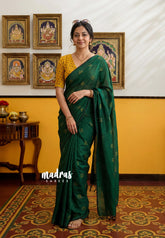 Bottle Green - Aathini - Kannada Letters Handblock Printed Bamboo Cotton Double Blouse Combo
