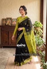 kannamma Handwoven Ballbutta linen Black with yellow pallu - singer chitra saree