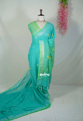 Cyan with green - kannamma Handwoven Ballbutta linen