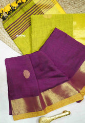 kannamma Handwoven Ballbutta linen Winered with yellow pallu