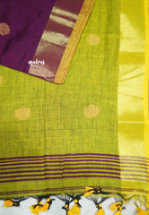 kannamma Handwoven Ballbutta linen Winered with yellow pallu