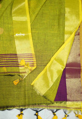 kannamma Handwoven Ballbutta linen Winered with yellow pallu