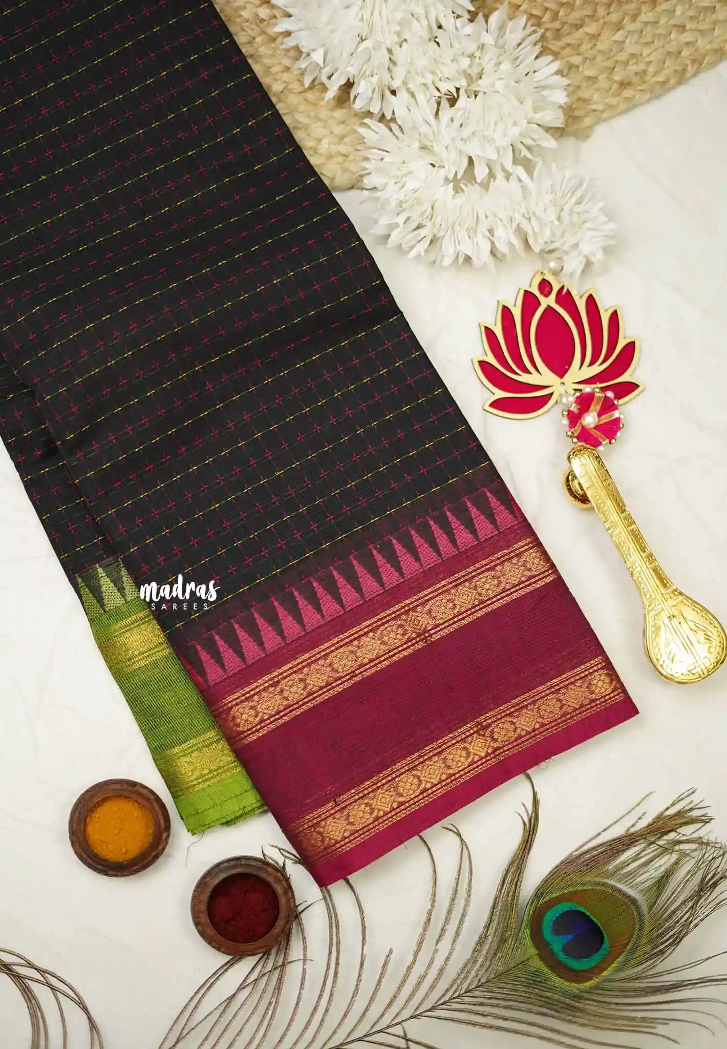 Karthigai silk cotton plus buttas body with ganga jamuna border - Black - Madras Sarees