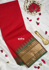 Tomato Red - Karthigai silk cotton Bavanji with Rudraksham Border - Best for Small Functions