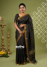 Jet Black - Karthigai silk cotton with golden stripes weaving - Best for Small Functions