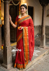 Classic Red - Premium Karthigai Silk Cotton Big Checks kattam weaving Ganga Jamuna Border - Best for Wedding Functions