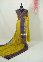 Greenish Yellow - Karthigai Mercerised cotton rettapeta border with muthu kattam